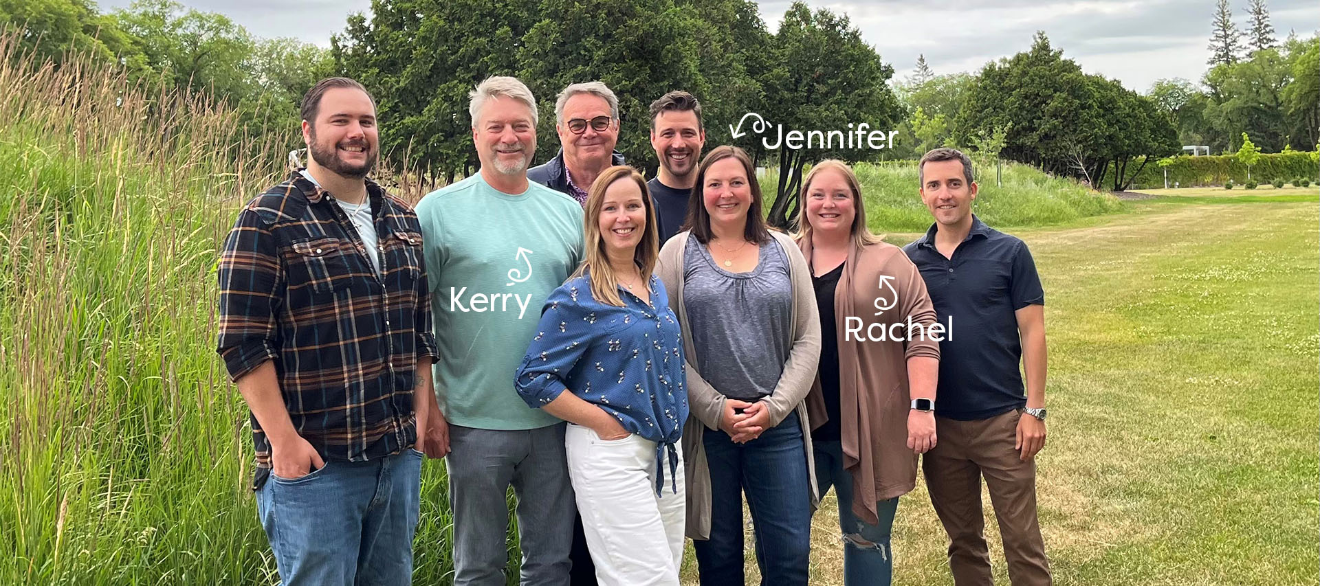 Les Verts team, with arrows and name tags pointing to Kerry, Geoff, Jennifer, and Rachel