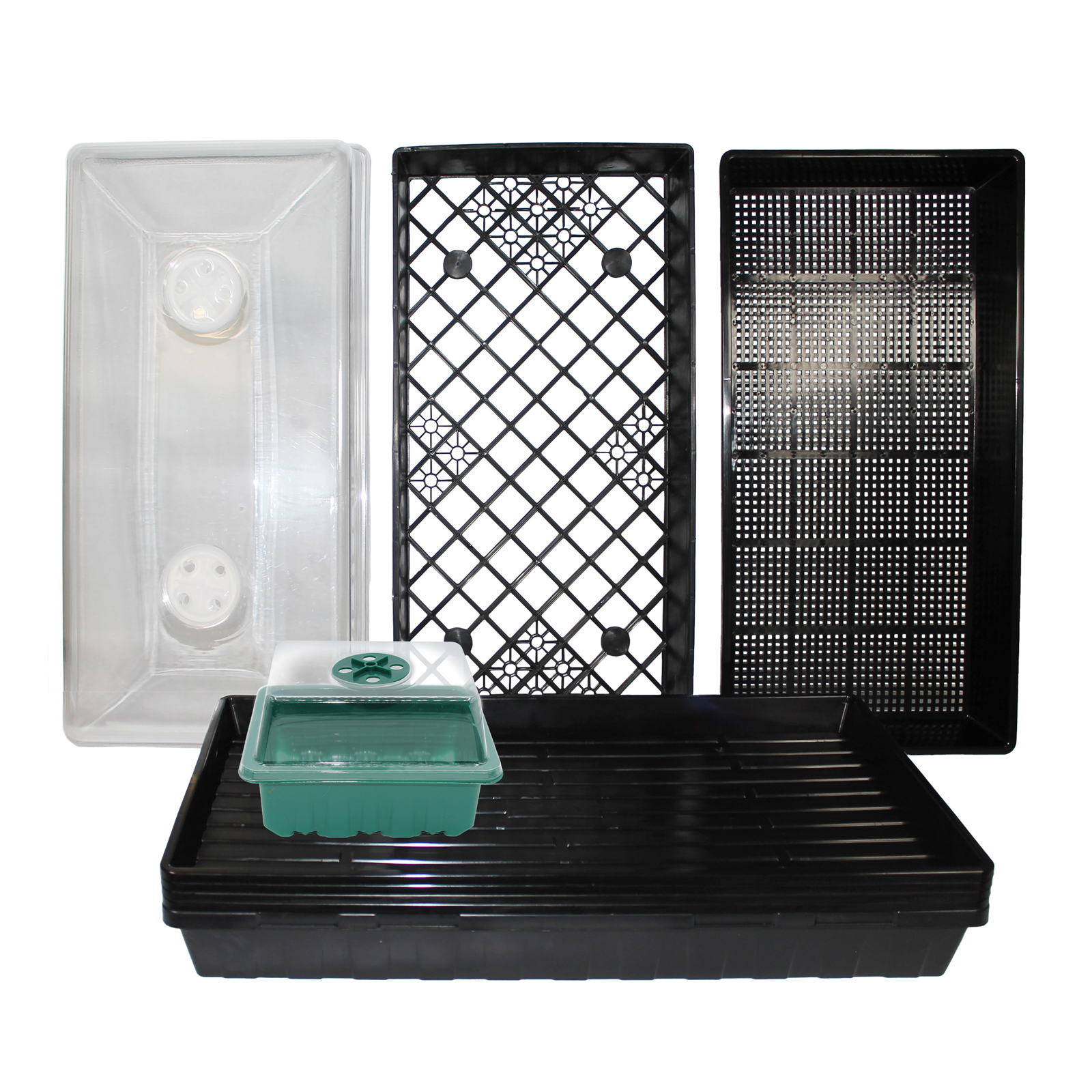 Various clear, opaque and grated growing trays